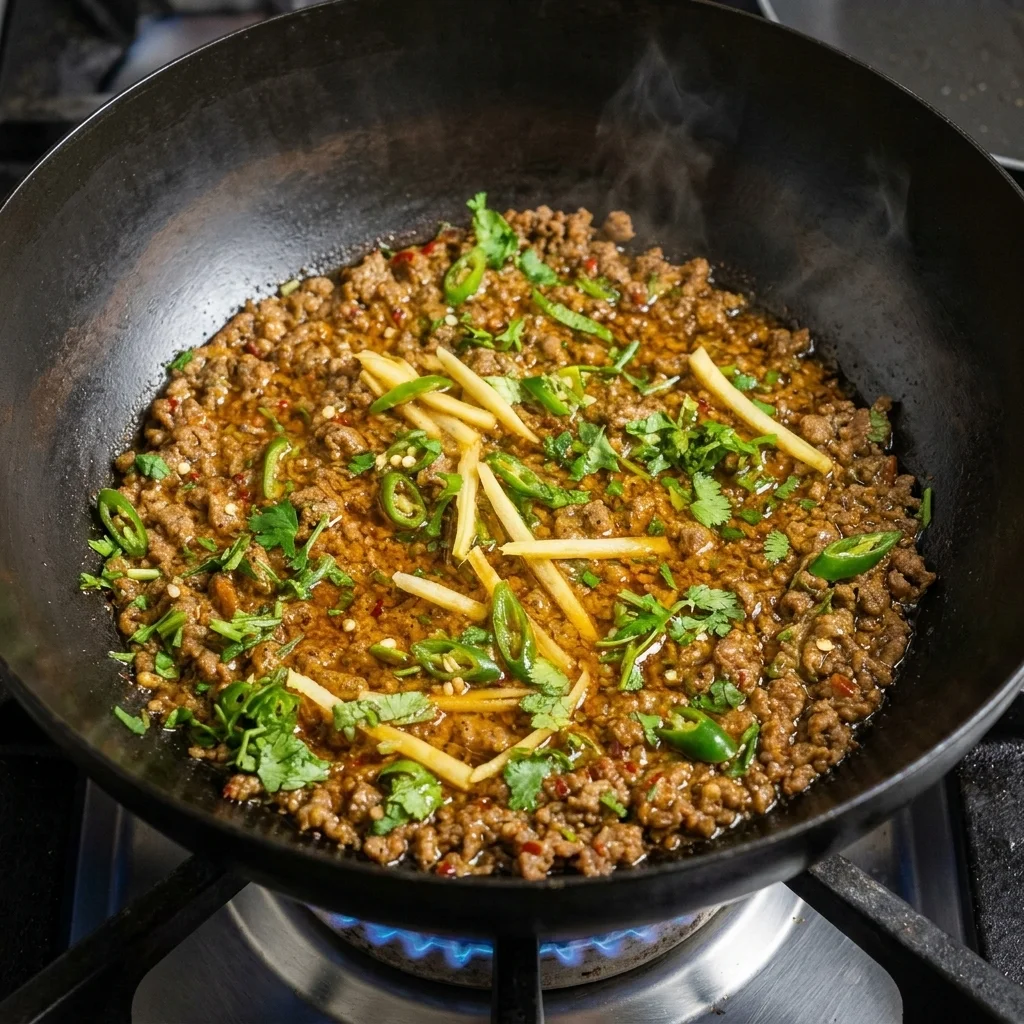 Beef Tawa Qeema — spiced minced beef sizzled on an iron tawa with ginger and green chillies at Chenab Edmonton