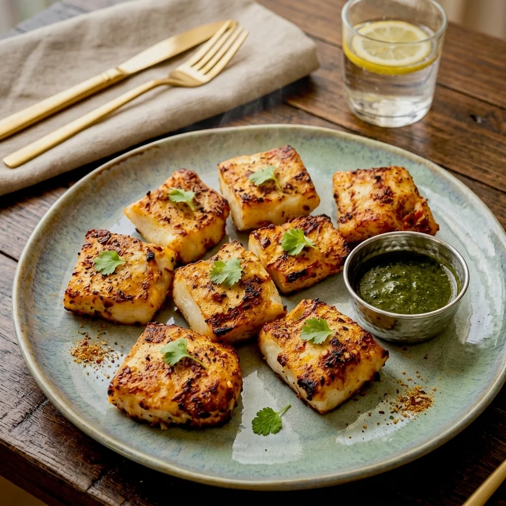 Fish Tikka — tandoor-grilled fish pieces served with green chutney at Chenab Pakistani Restaurant Edmonton