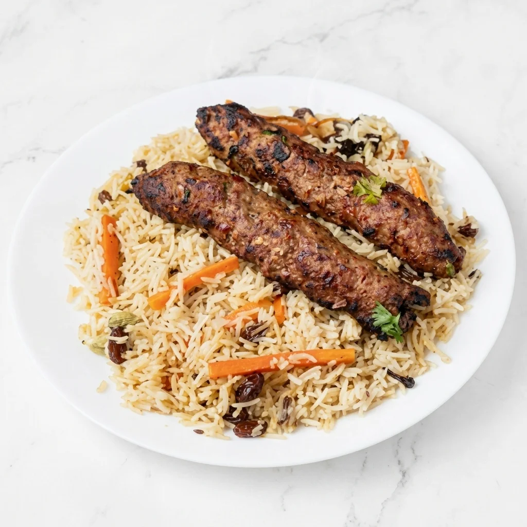 Kabuli Rice with Seekh Kebab — aromatic rice and minced meat kebab at Chenab Edmonton